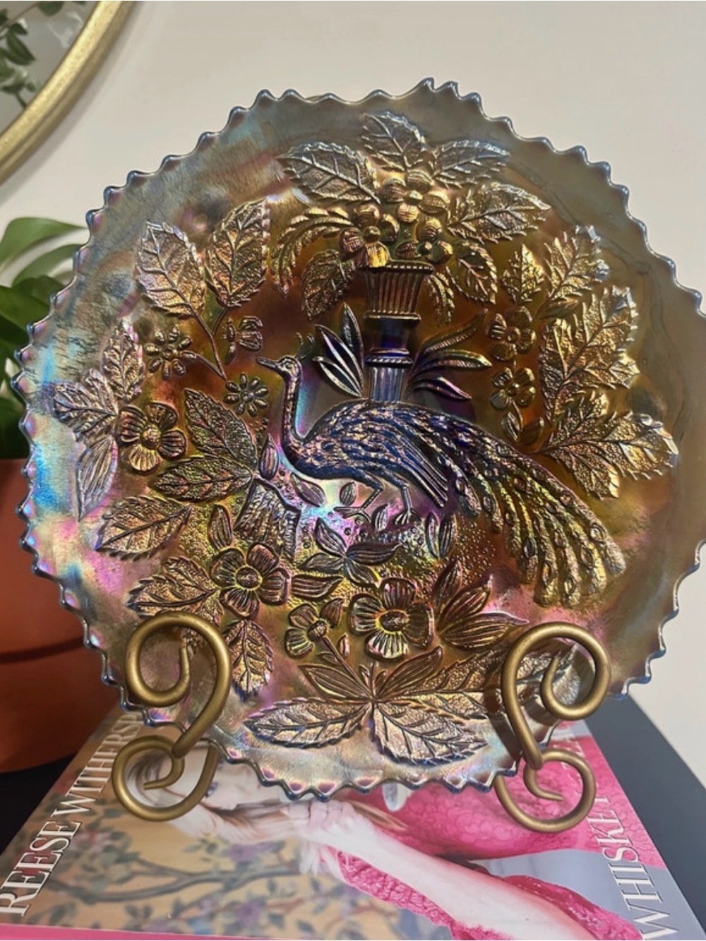 Iridescent Peacock Decorative Accent Plate - Gold and Multicolor